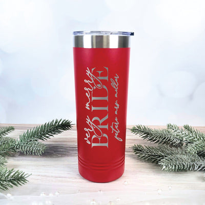 A personalized red insulated tumbler with a clear lid and silver rim, designed for a winter or holiday-themed bridal event.
