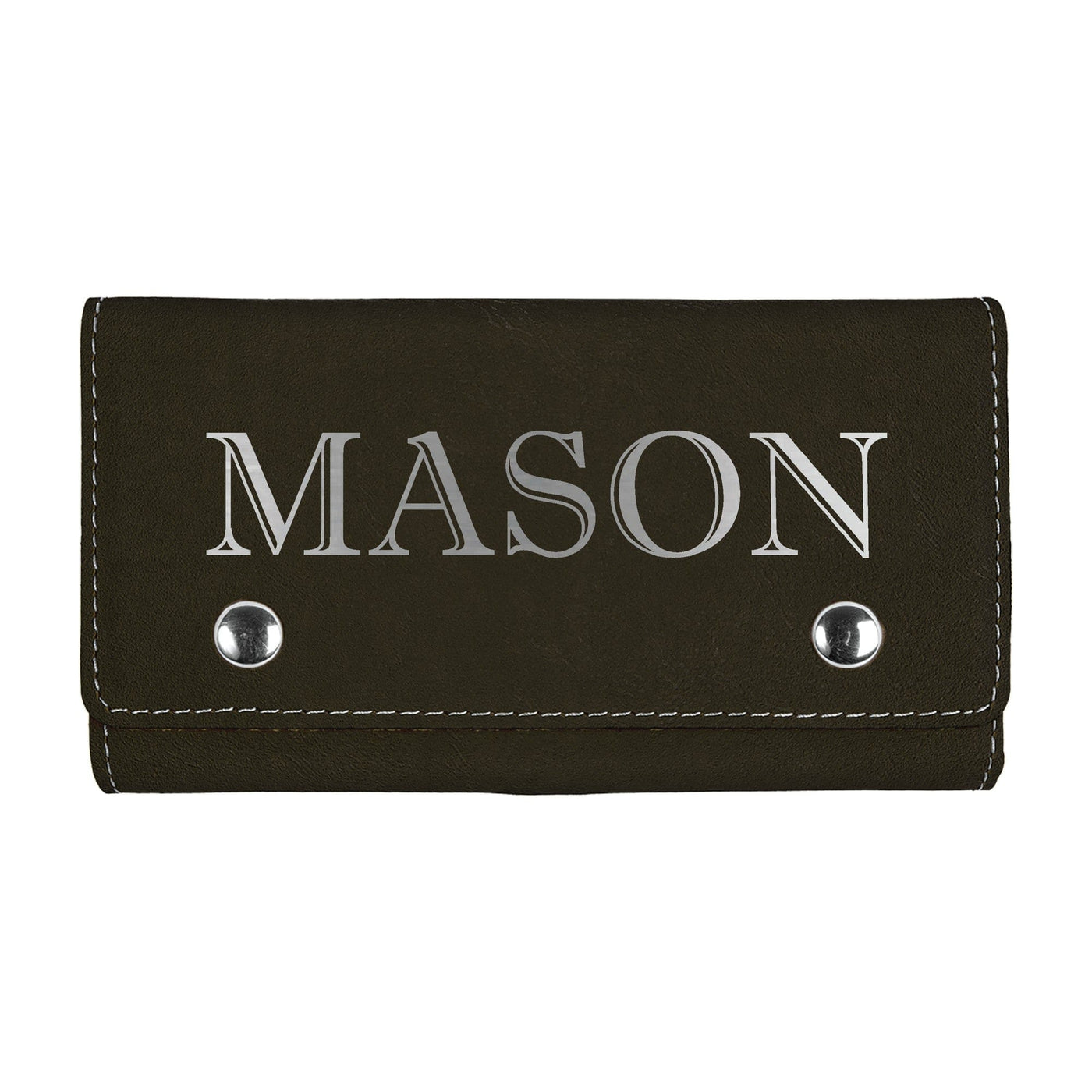 A personalized dark brown faux leather key holder featuring contrasting white stitching and two silver snap closures, ideal for organizing keys or small essentials.