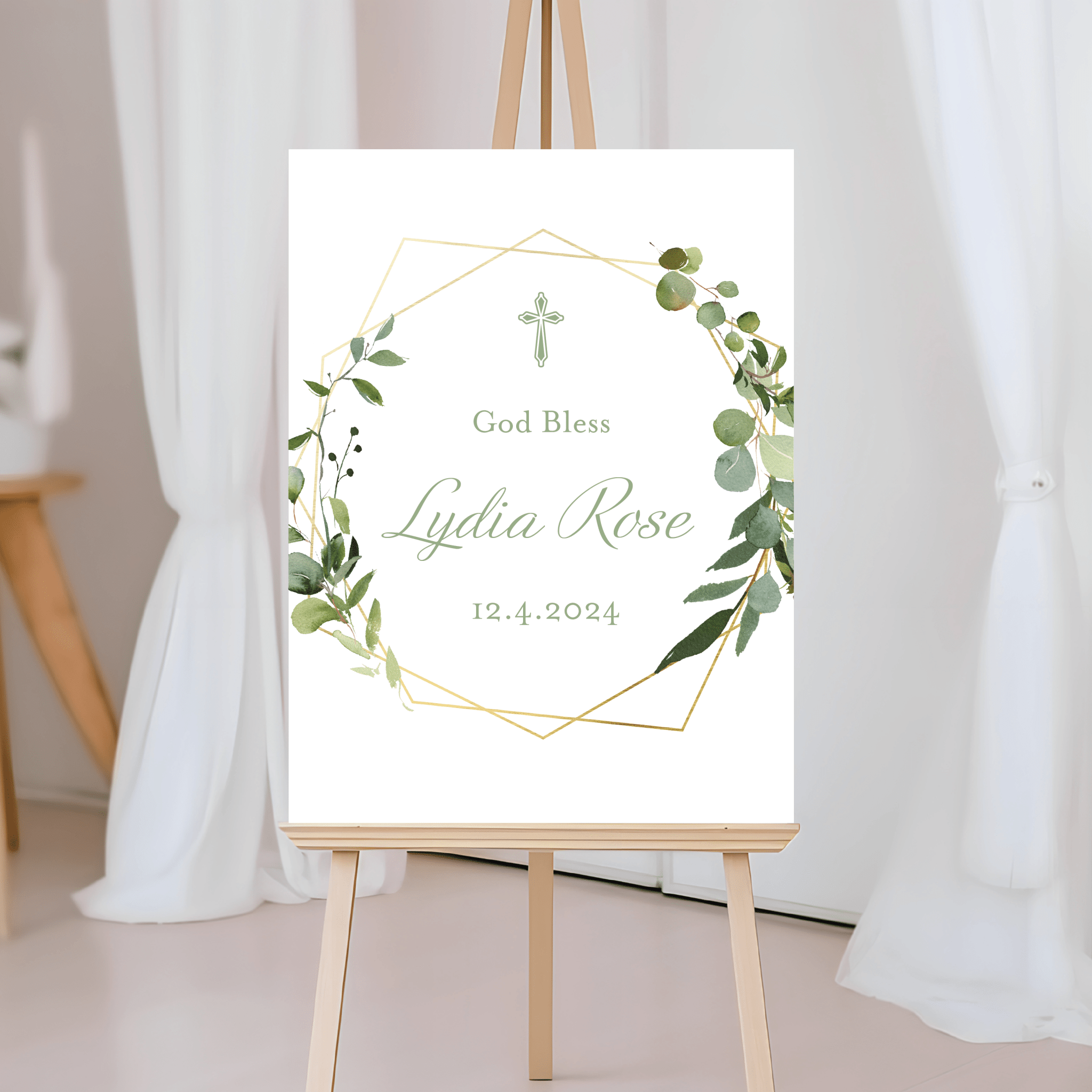 Modern greenery baptism welcome sign personalized for a girl