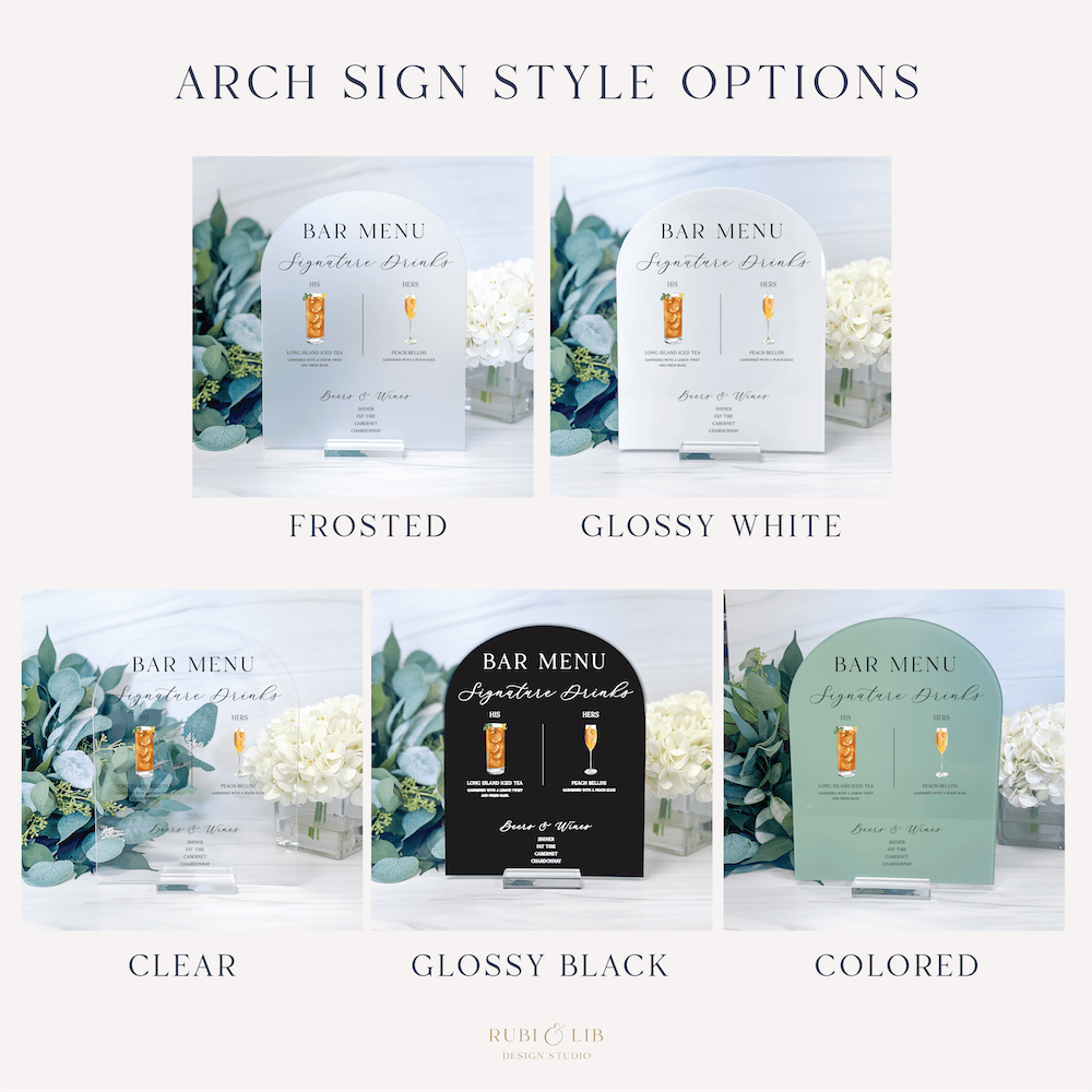 Five acrylic bar menu sign styles displayed: frosted, glossy white, clear, glossy black, and colored finishes with greenery design and gold text.