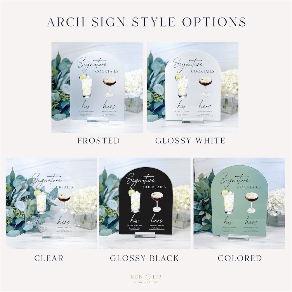 Five arch-shaped drink menu signs in frosted, glossy white, clear, glossy black, and sage green finishes with botanical designs and cocktail illustrations.