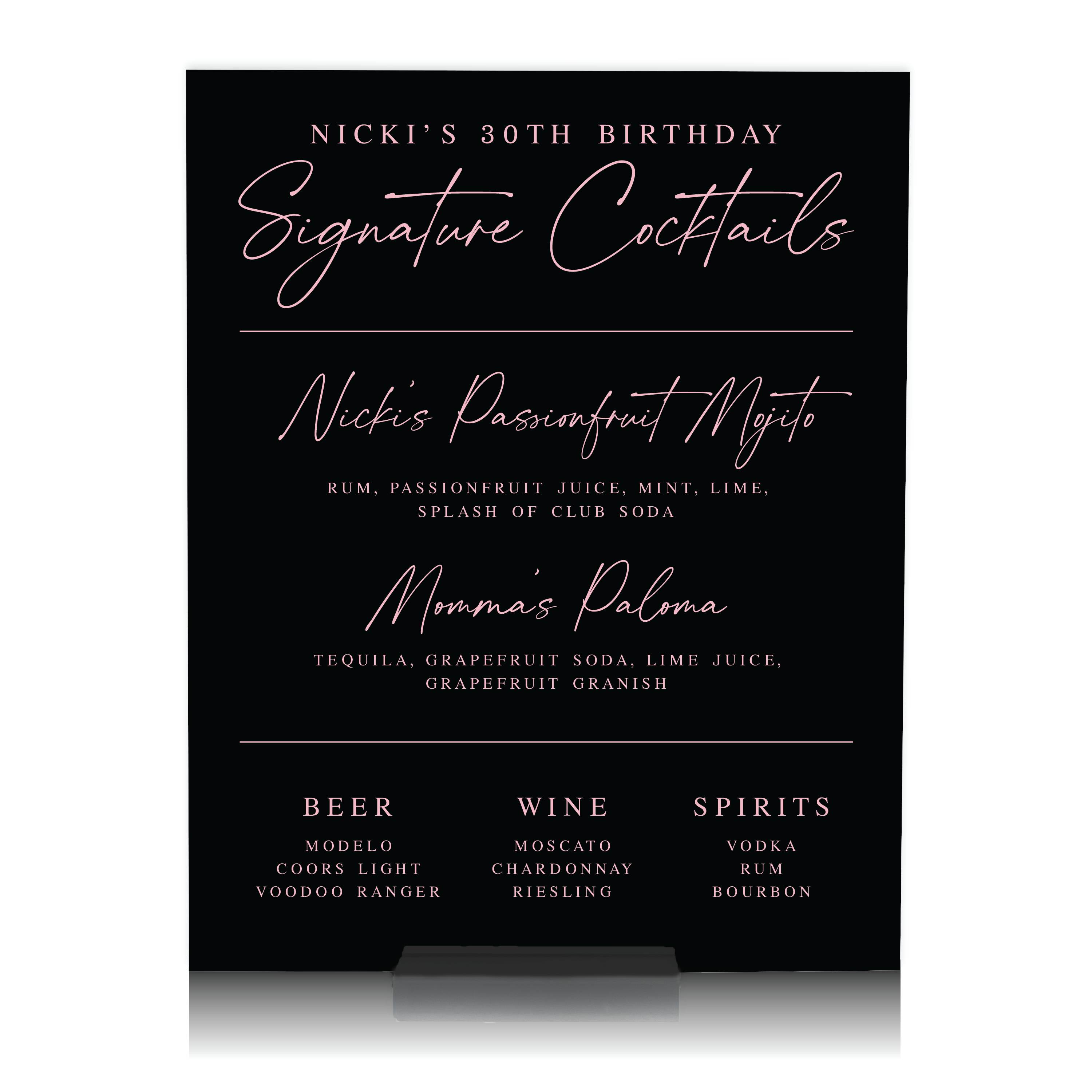 Signature Cocktails Birthday Sign - Bar Menu