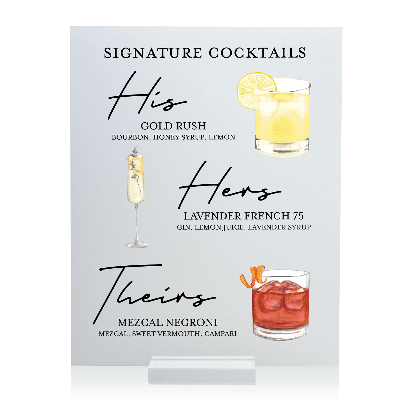 His Hers Theirs Signature Cocktails and Bar Menu Sign