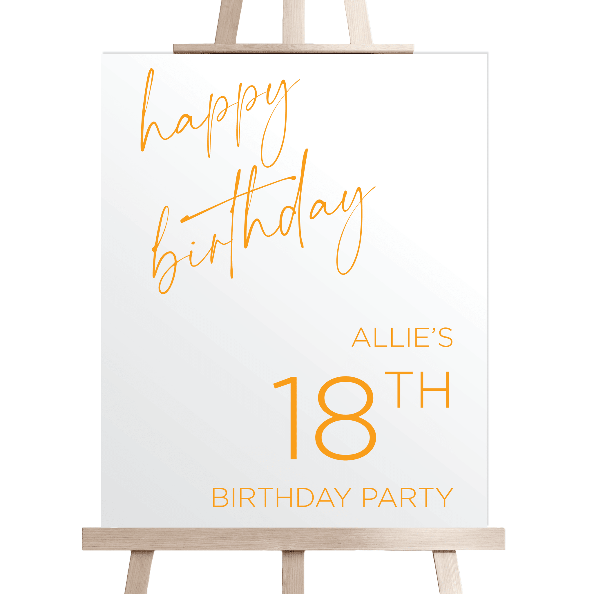 White welcome sign with gold script "happy birthday" text and "Allie's 18th Birthday Party" in gold lettering, displayed on wooden easel.