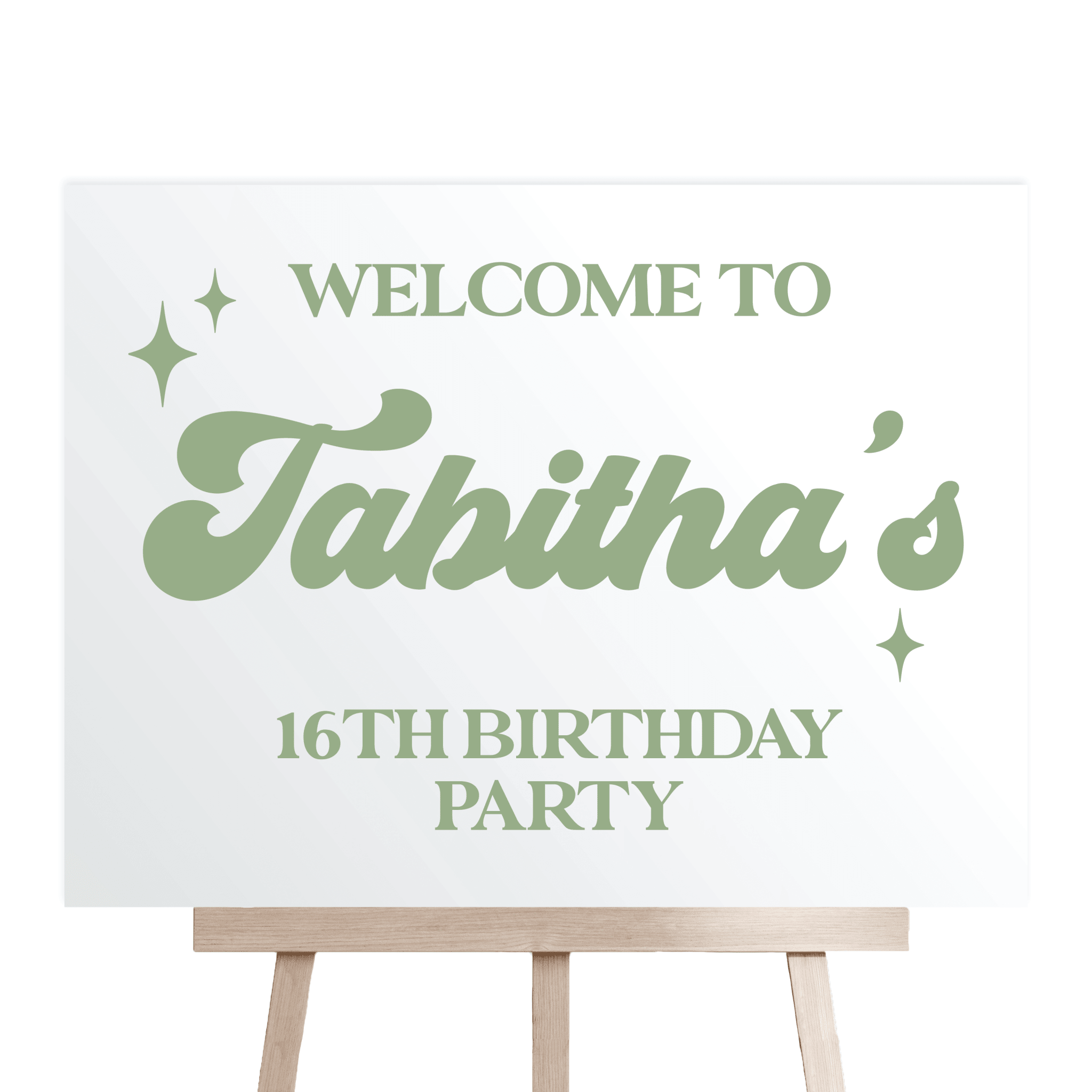 Sage green and white welcome sign on wooden easel reading "Welcome to Tabitha's 16th Birthday Party" with retro star accents.