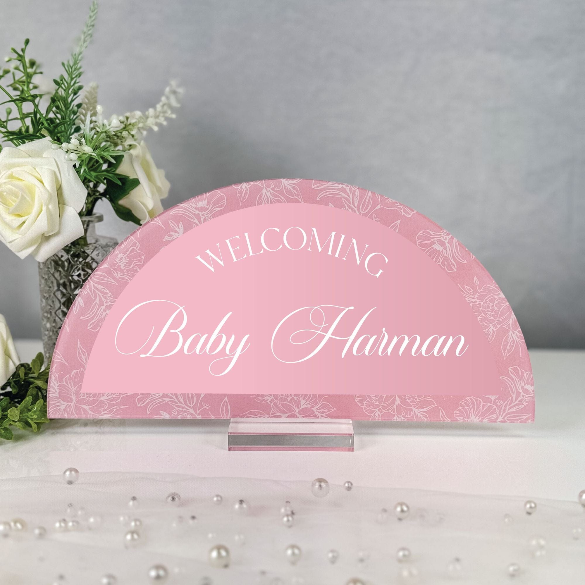 Personalized Baby Shower Sign Floral Arch Pink Acrylic Baby Harman - Rubi and Lib