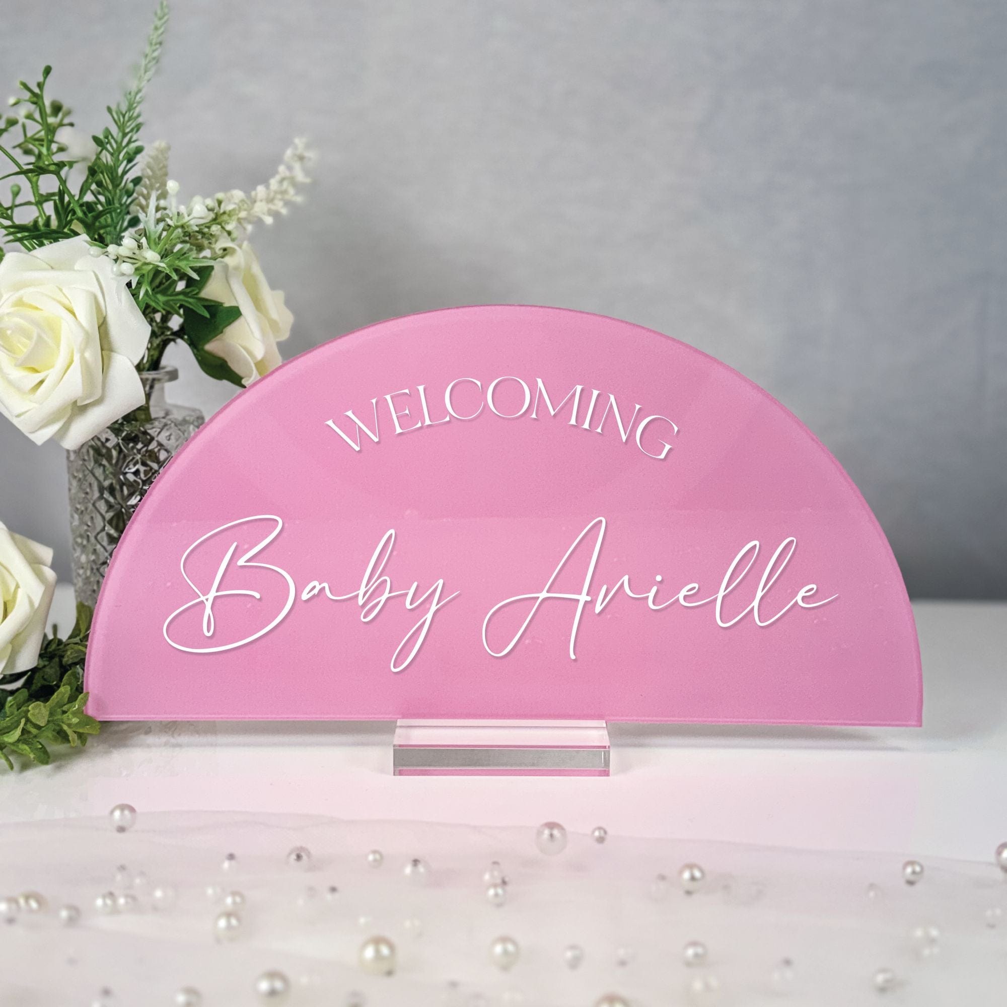 Personalized Baby Shower Sign Welcoming Script Arch Pink Acrylic - Rubi and Lib