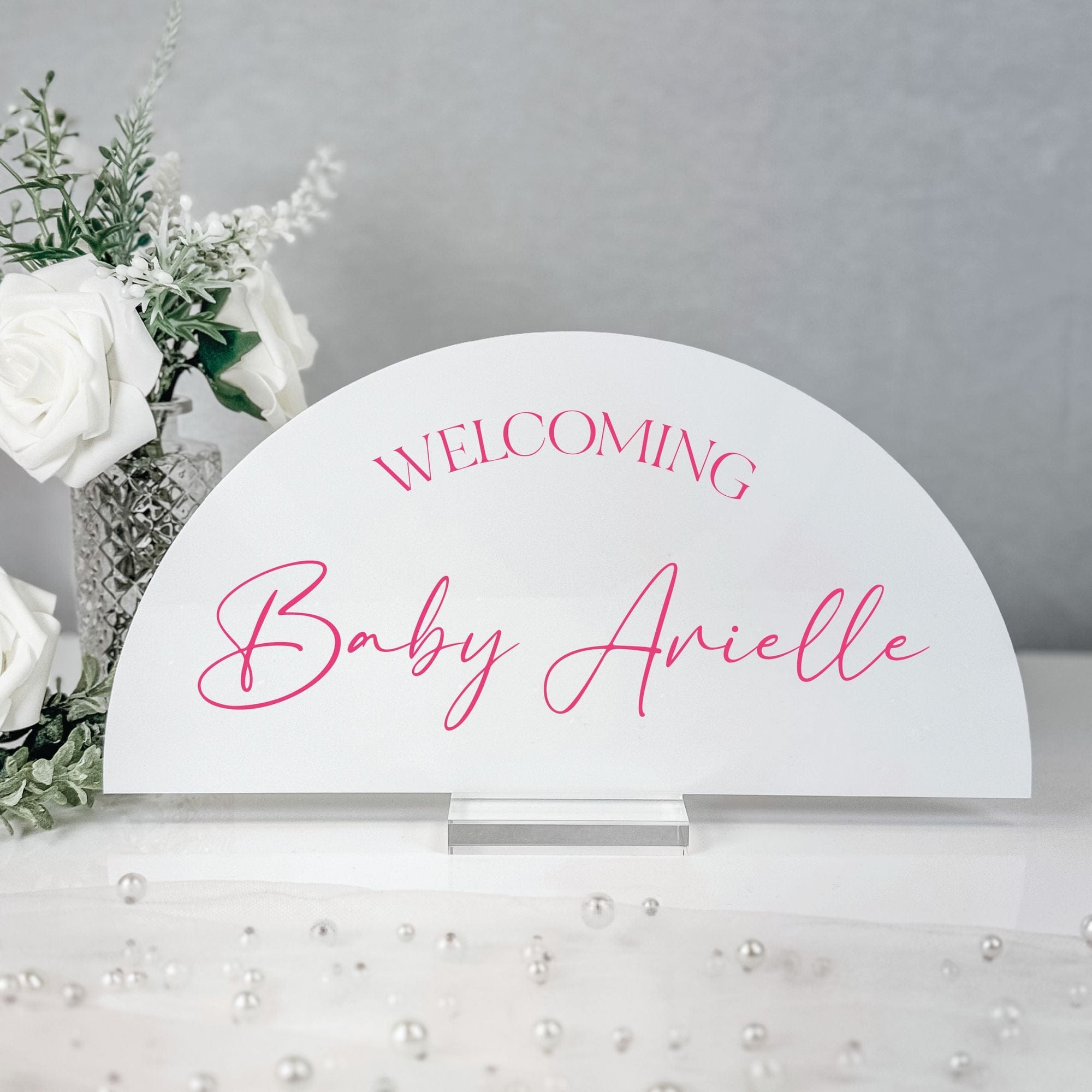 Personalized Baby Shower Sign Welcoming Script Arch White Frosted with Pink Text - Rubi and Lib