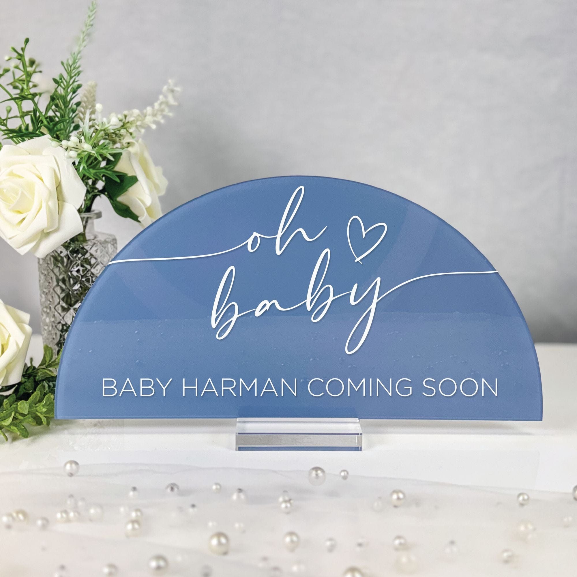 Personalized Baby Shower Sign Oh Baby Script Arch Blue Frosted Acrylic Baby Harman - Rubi and Lib