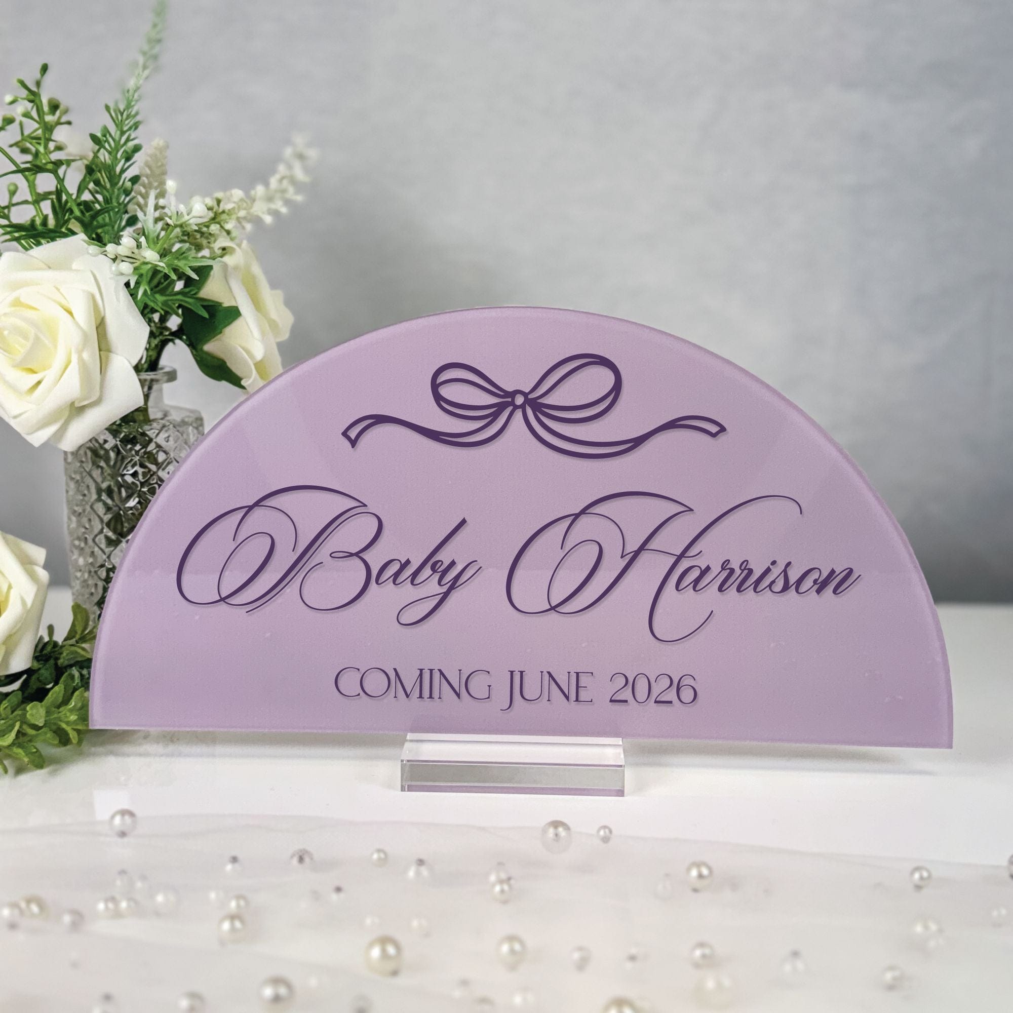 Personalized Baby Shower Sign Bow Script Arch Frosted Lavender Acrylic Baby Harrison - Rubi and Lib
