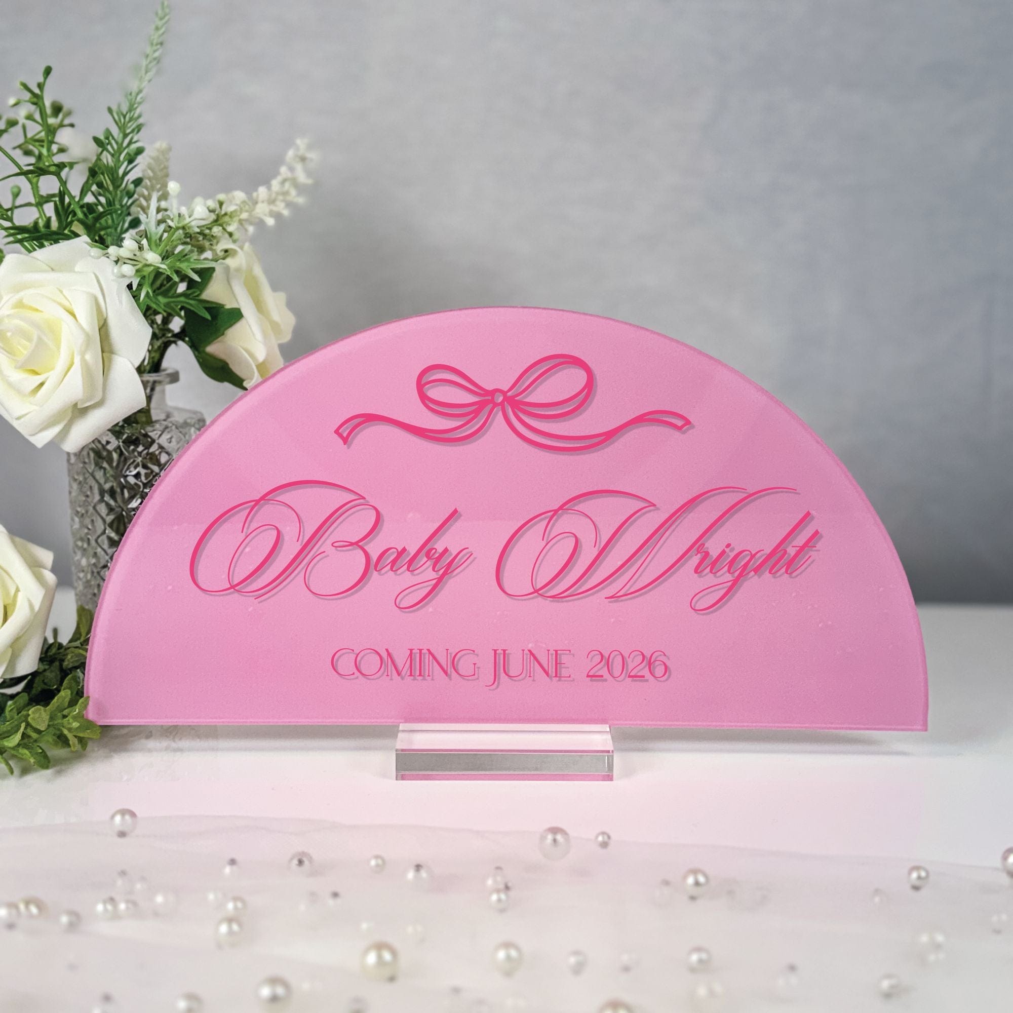 Personalized Baby Shower Sign Bow Script Arch Solid Pink Acrylic Tonal Engraving Baby Wright - Rubi and Lib