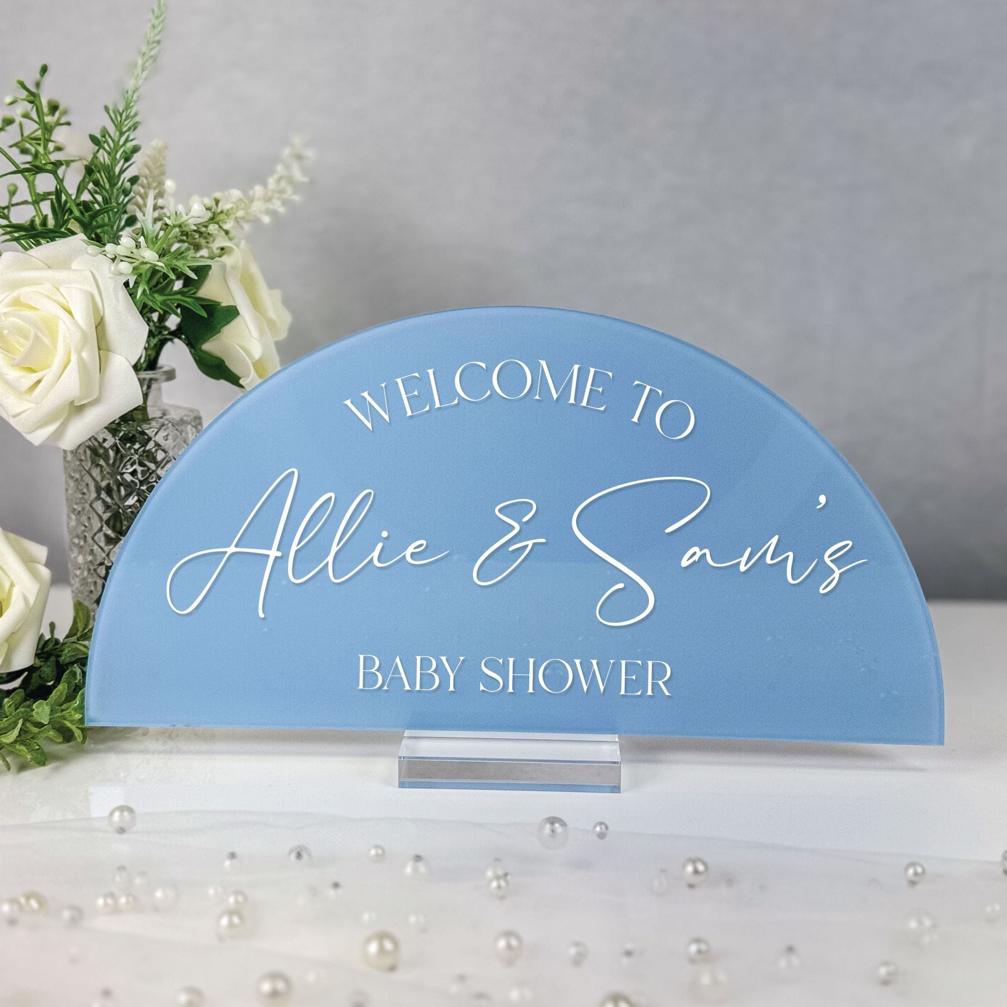 Personalized Baby Shower Sign Welcome Arch Script Blue Frosted Acrylic - Rubi and Lib