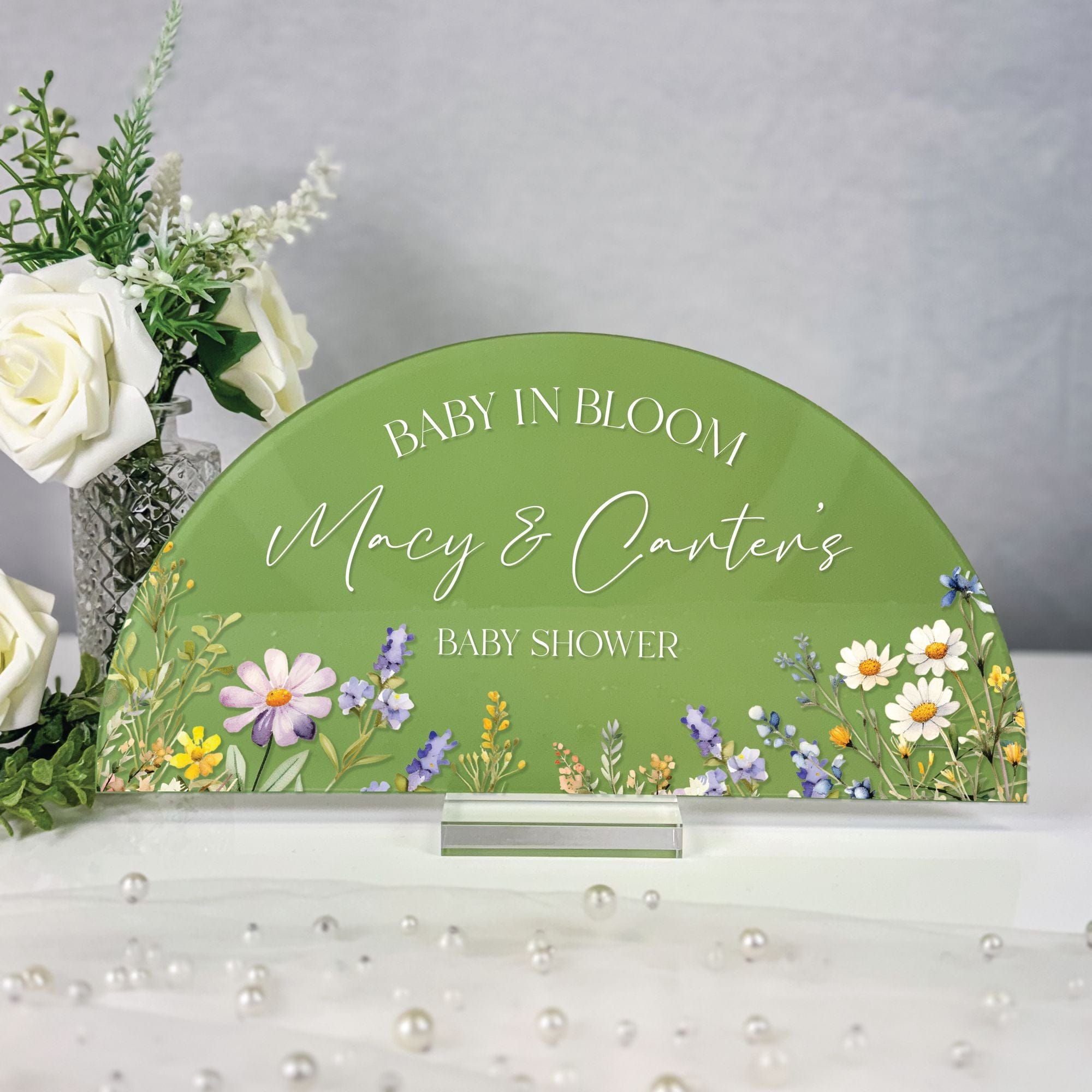 Personalized Baby Shower Sign Wildflower Meadow Arch Green Acrylic - Rubi and Lib