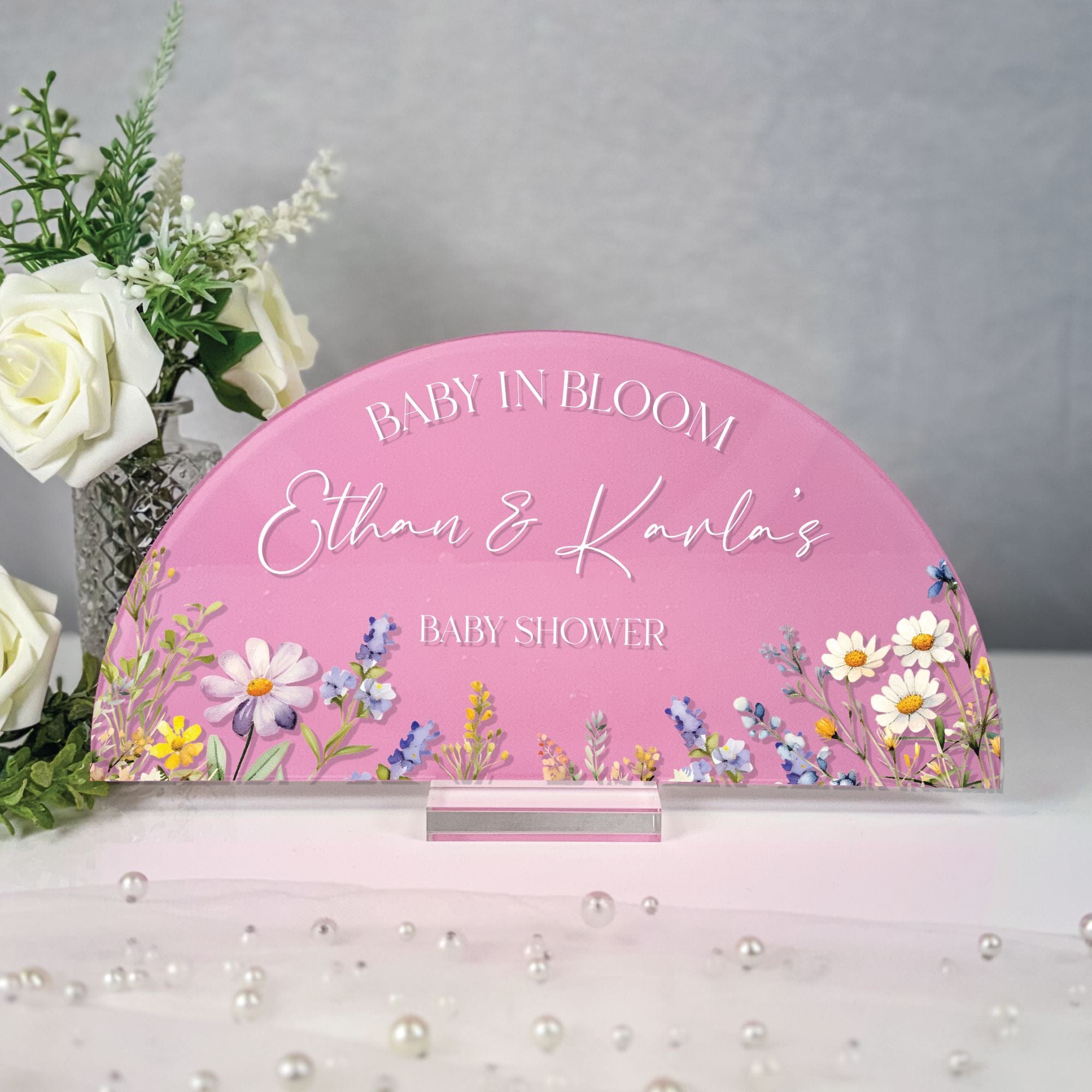 Personalized Baby Shower Sign Wildflower Meadow Arch Pink Acrylic - Rubi and Lib