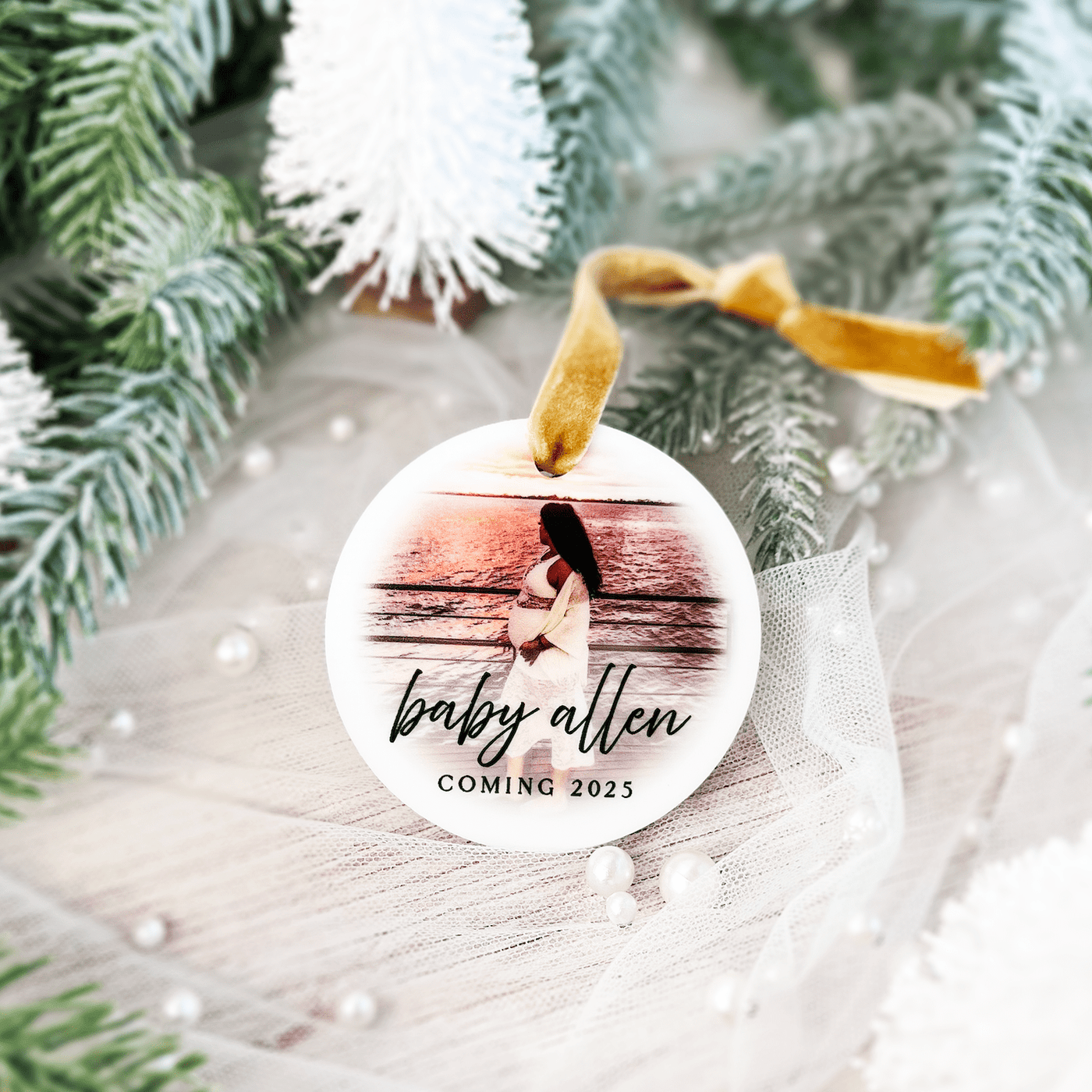 Baby Arriving Pregnancy Announcement Photo Ornament