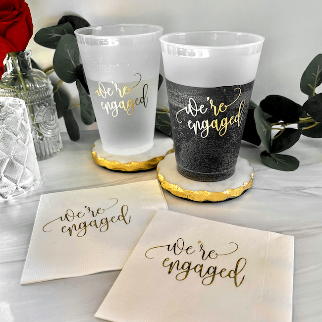 We're Engaged Plastic Cups and Napkins - Quick Ship