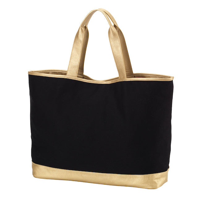 Leather-trimmed embroidered canvas tote