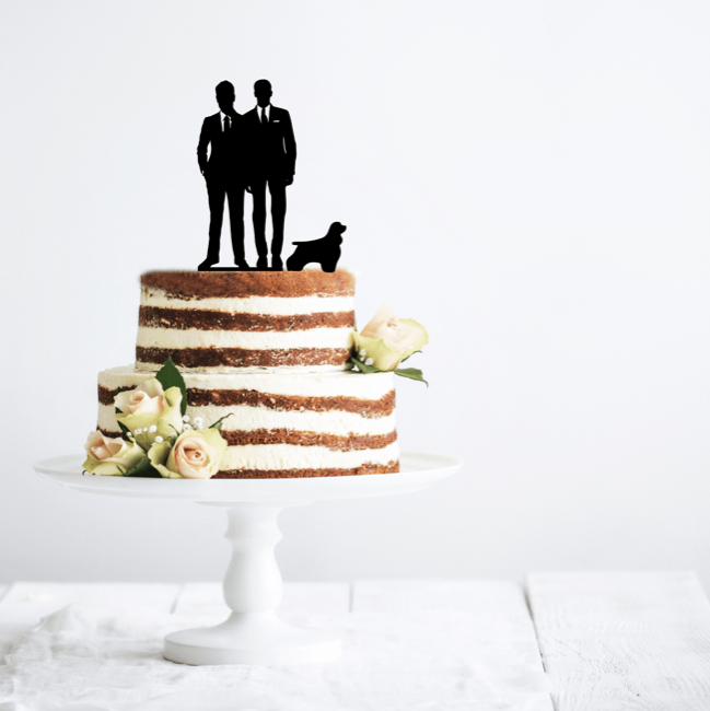 Gay Wedding Couple Silhouette with Dog Cake Topper