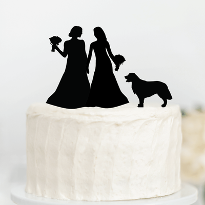 Lesbian Wedding Couple Silhouette with Dog Cake Topper